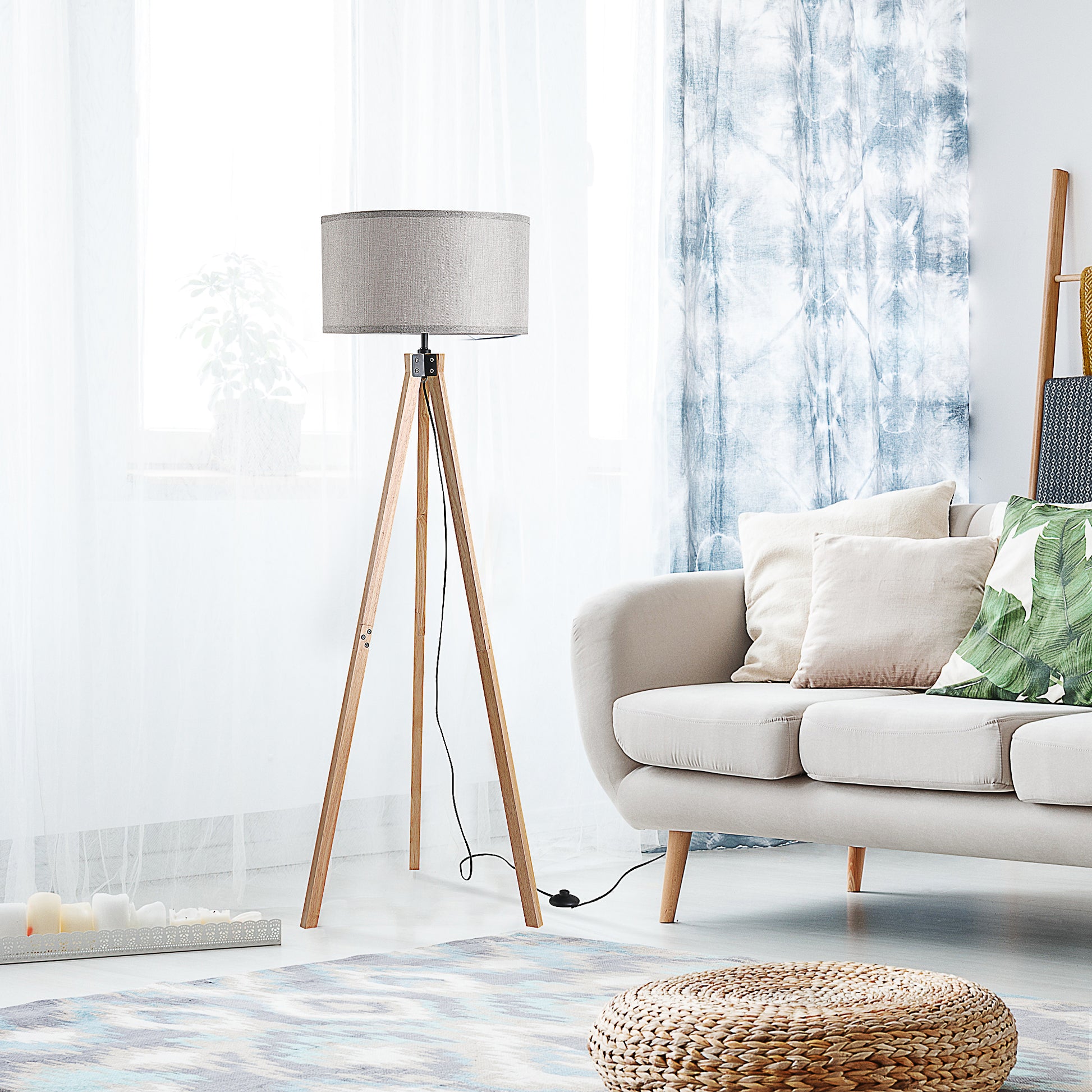 Wood Tripod Floor Lamp Home Lighting Elegant E27 Bulb Linen Shade Home Office