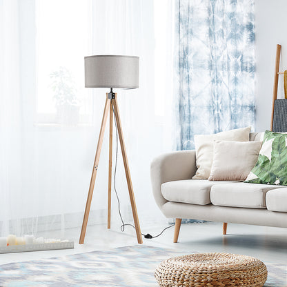 Wood Tripod Floor Lamp Home Lighting Elegant E27 Bulb Linen Shade Home Office