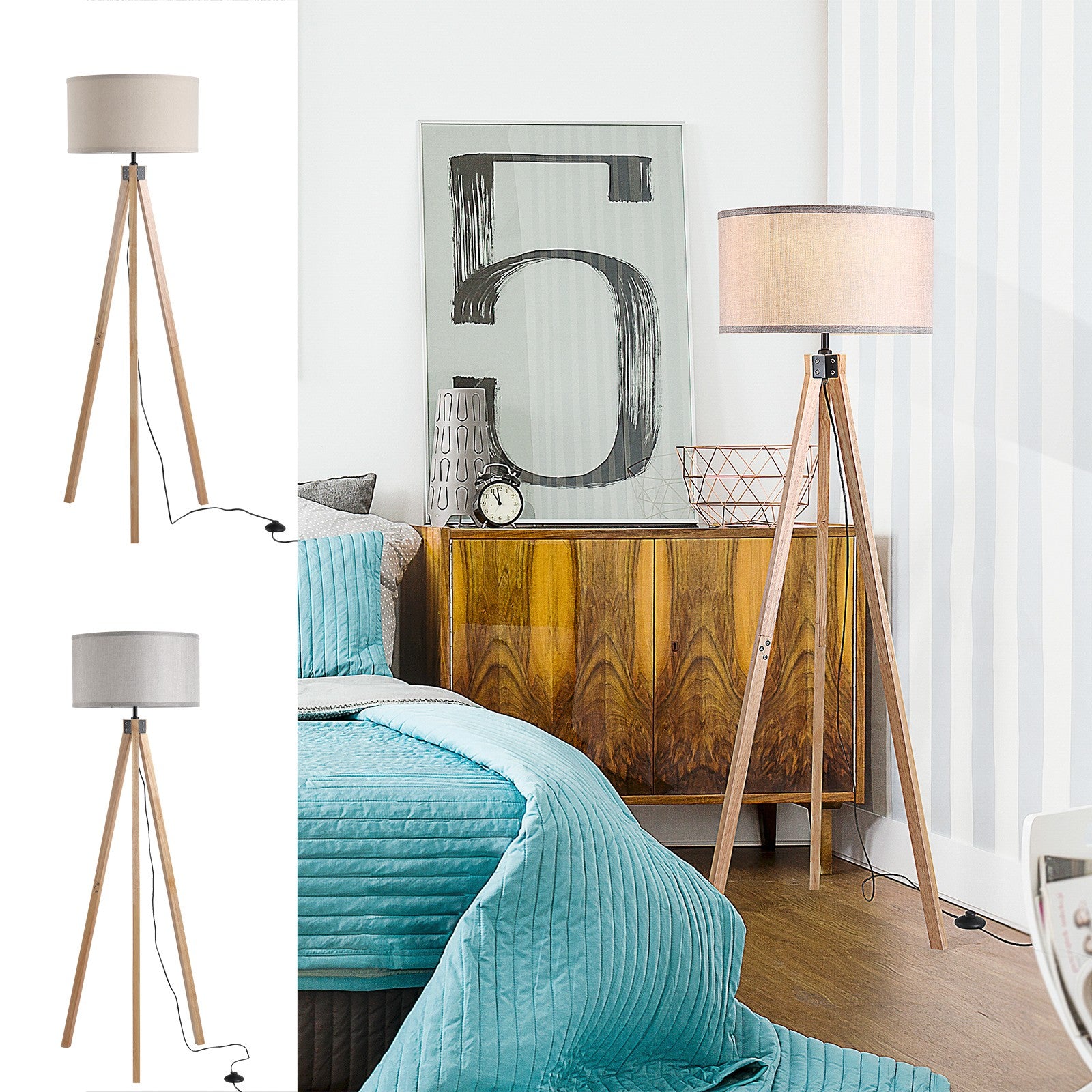 Wood Tripod Floor Lamp Home Lighting Elegant E27 Bulb Linen Shade Home Office