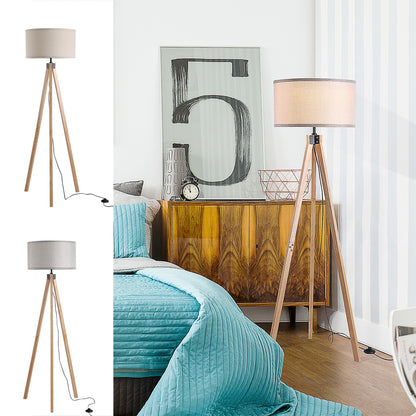 Wood Tripod Floor Lamp Home Lighting Elegant E27 Bulb Linen Shade Home Office