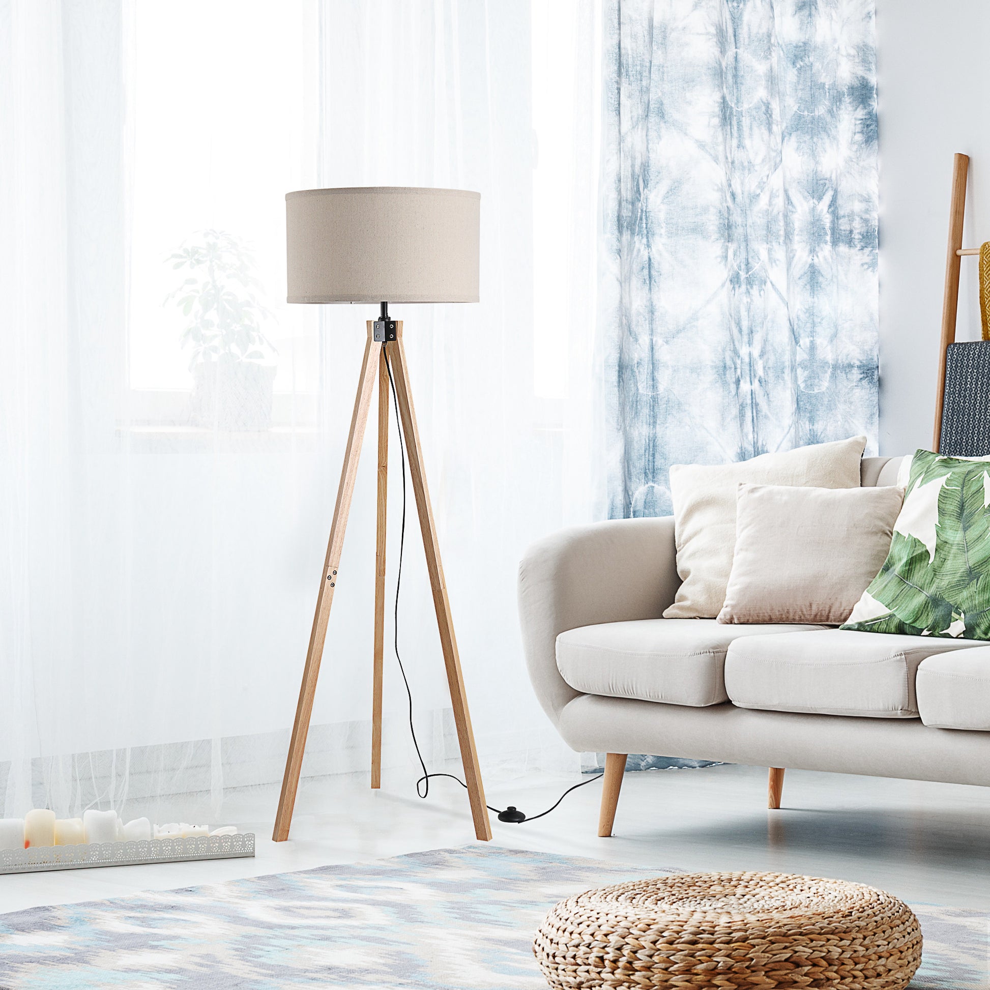 Wood Tripod Floor Lamp Home Lighting Elegant E27 Bulb Linen Shade Home Office