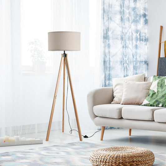 Wood Tripod Floor Lamp Home Lighting Elegant E27 Bulb Linen Shade Home Office