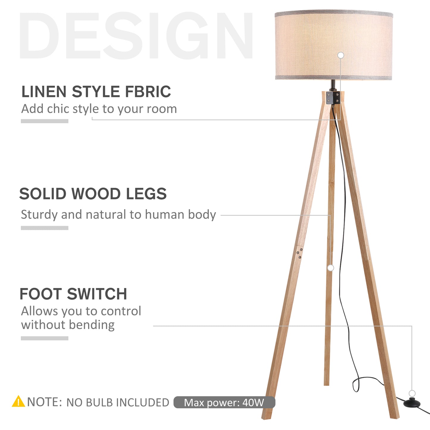 Wood Tripod Floor Lamp Home Lighting Elegant E27 Bulb Linen Shade Home Office