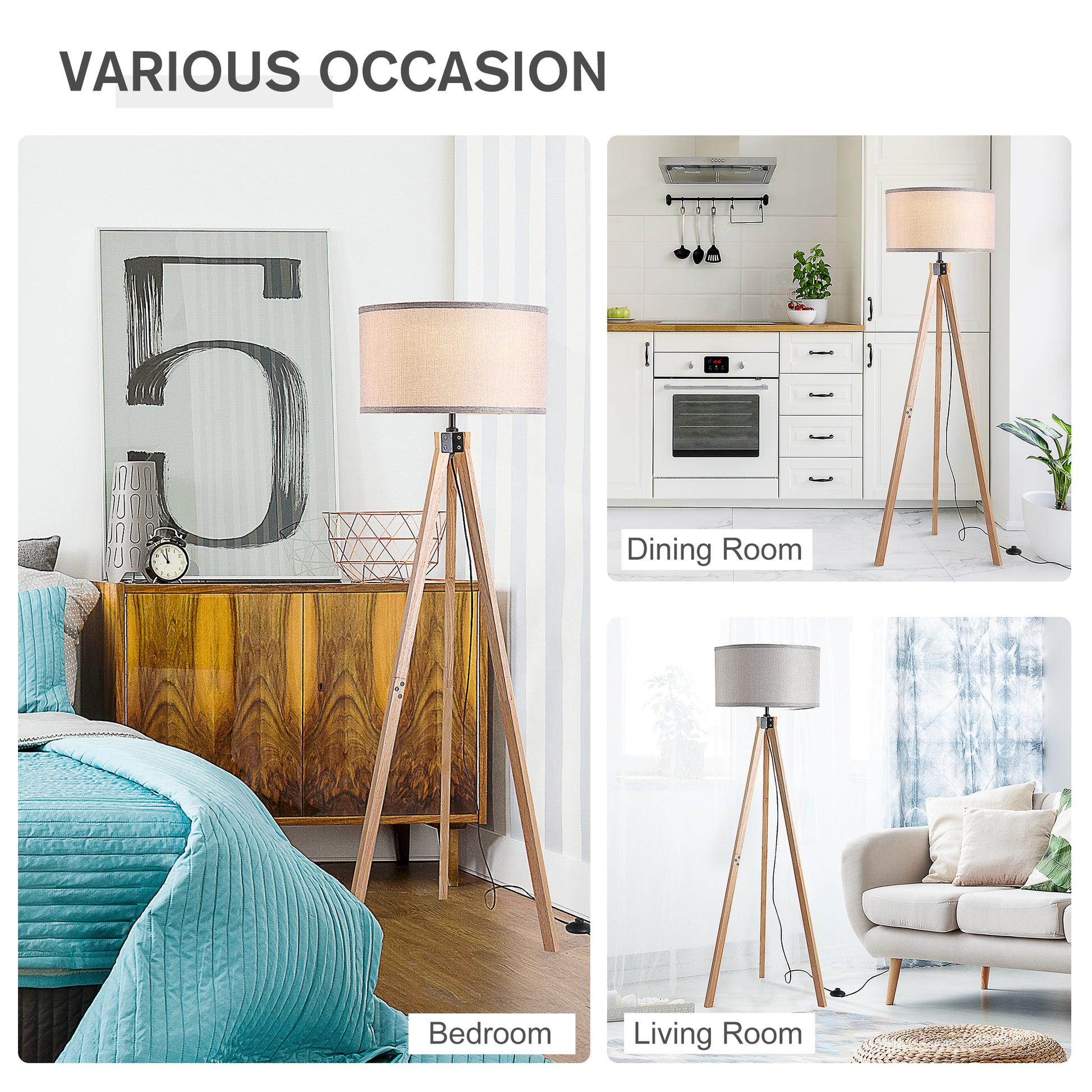 Wood Tripod Floor Lamp Home Lighting Elegant E27 Bulb Linen Shade Home Office
