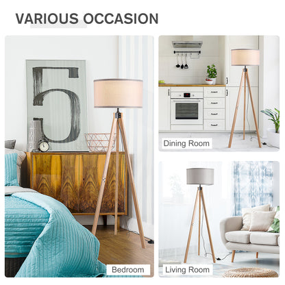 Wood Tripod Floor Lamp Home Lighting Elegant E27 Bulb Linen Shade Home Office