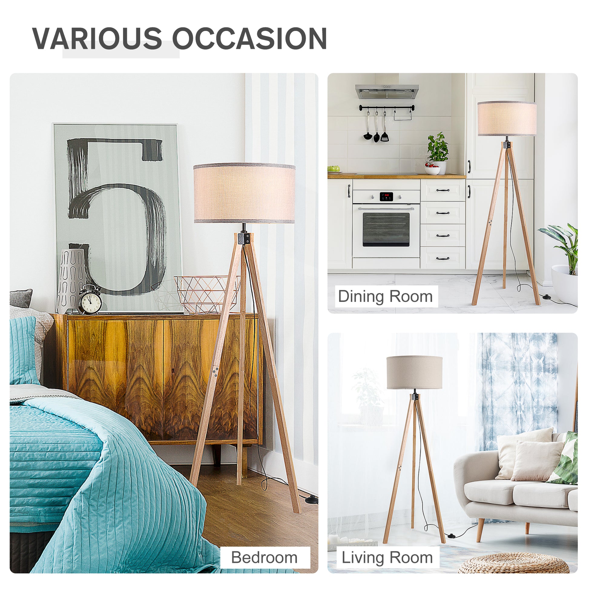 Wood Tripod Floor Lamp Home Lighting Elegant E27 Bulb Linen Shade Home Office