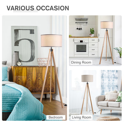Wood Tripod Floor Lamp Home Lighting Elegant E27 Bulb Linen Shade Home Office
