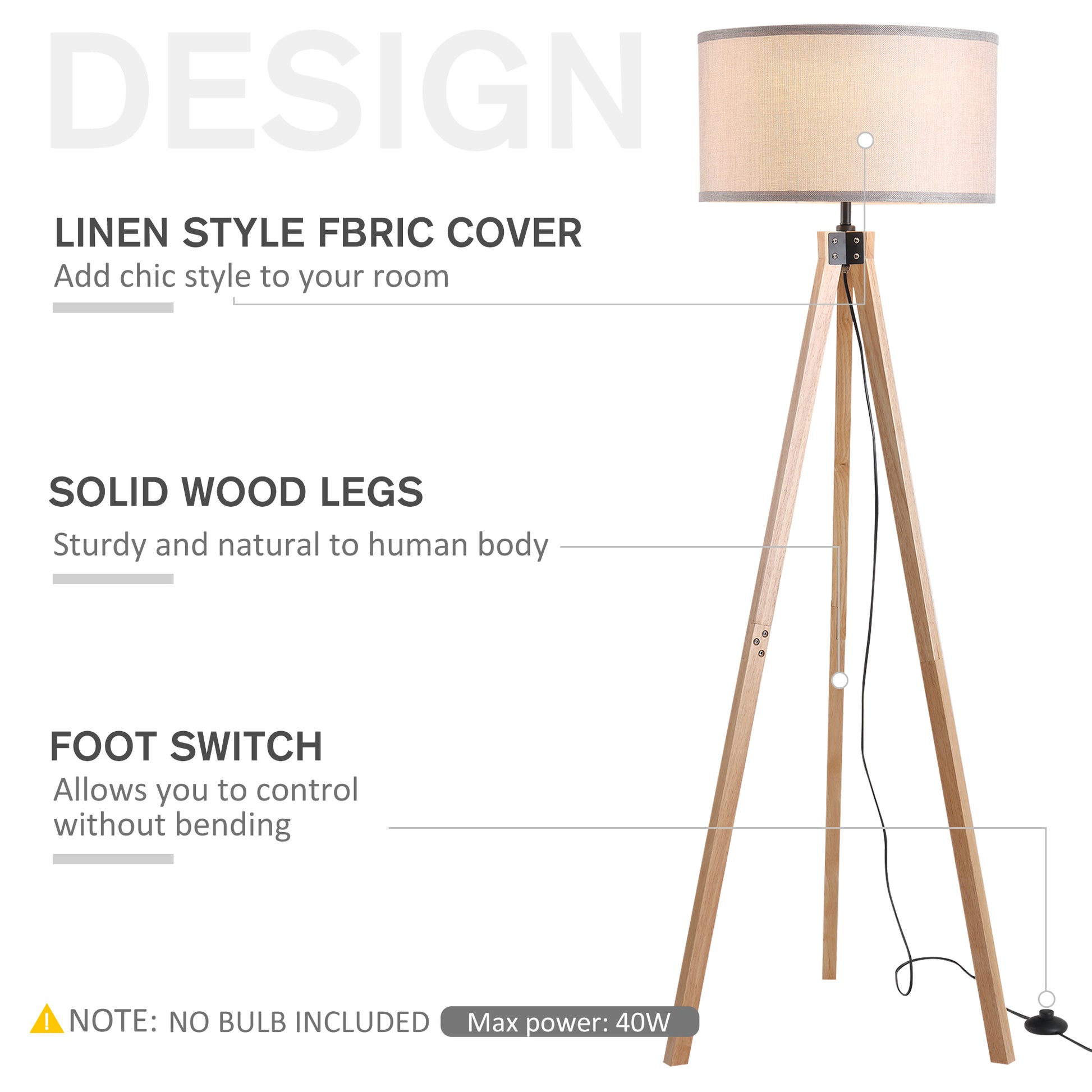 Wood Tripod Floor Lamp Home Lighting Elegant E27 Bulb Linen Shade Home Office